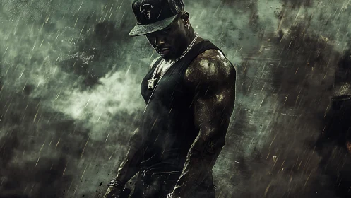 Storm-lit streetwear hero standing strong in the rain.