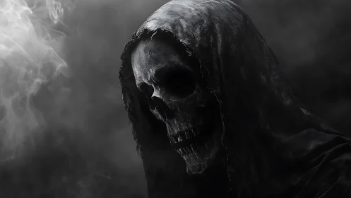 Hooded skeletal figure in smoke-filled monochrome scene.