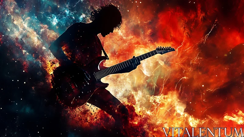 Cosmic guitarist shredding through swirling stardust skies.