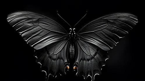 Black butterfly spreads luminous wings in dark void