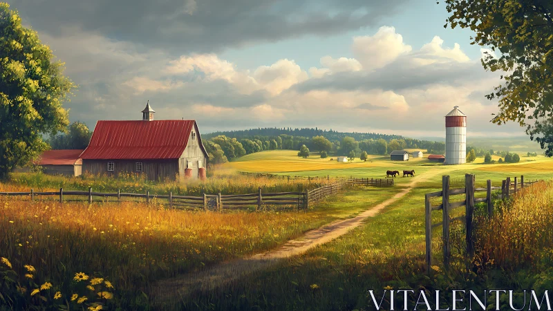 Sunlit country farm with red barn, silo, fields, and horses.