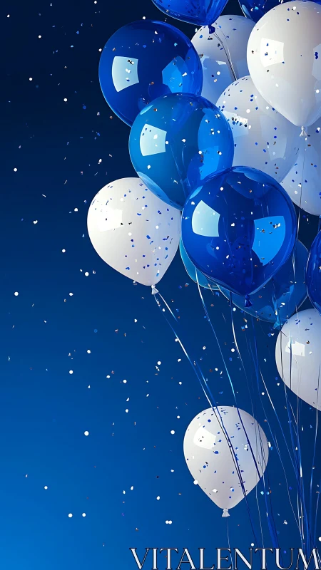 Blue and White Balloons Floating Against Dark Blue Sky