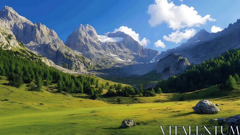 Sunlit alpine meadow welcomes towering rocky mountain peaks