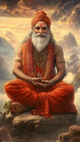 Serene orange-robed sage rests peacefully above misty peaks