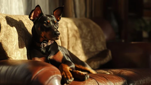 Alert black dog rests on leather sofa in warm sunlight