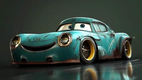 Cartoonish teal race car with rusted bodywork smiles forward