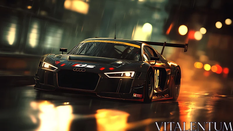 Night rain sprint with a sleek black city race car.