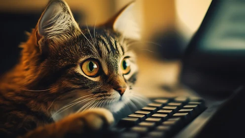 Tabby Cat at Computer Keyboard with Golden Eyes.
