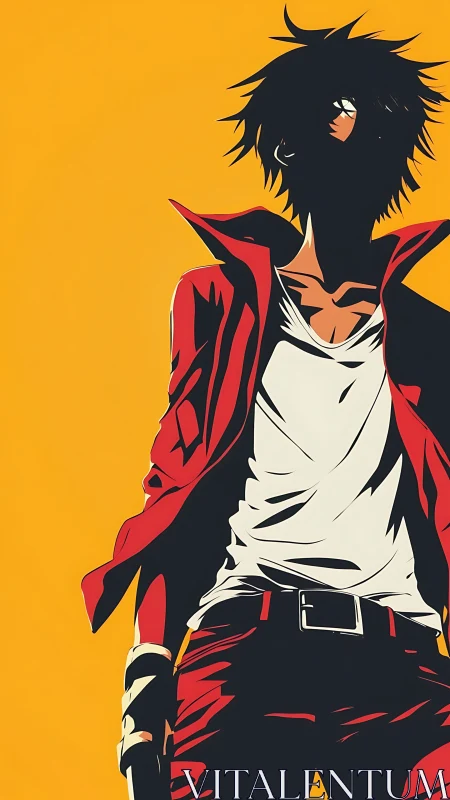 Shadowed anime rebel stands bold against blazing yellow sky