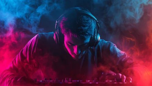 DJ lost in neon sound, mixing beats inside swirling color.