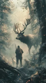 Fantasy forest encounter with hunter and colossal stag figure.