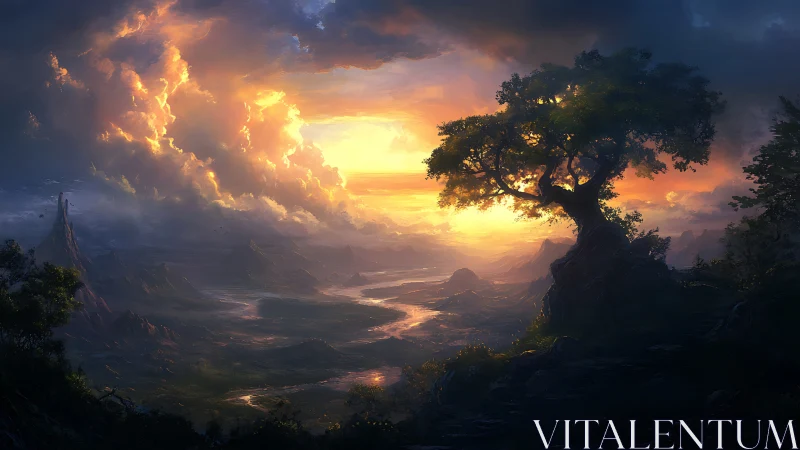Ancient tree crowns a glowing valley at stormlit sunset horizon