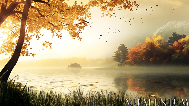Autumn trees and calm lake under soft sunrise light.