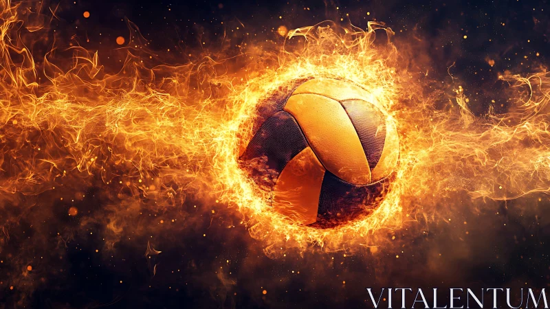 Blazing soccer ball streaking through a storm of golden fire.