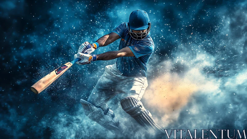 Cricket striker carves blazing power through swirling stadium dust.