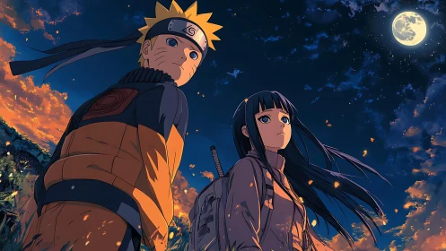 Two anime figures stand under a detailed moonlit sky