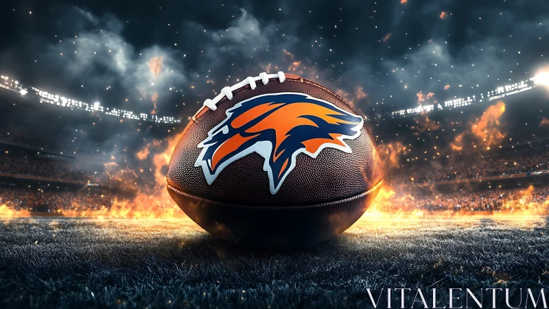 Football sits on flaming field under stadium lights at night