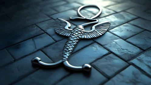 Silver Egyptian Ankh with Wings on Stone Tiles, Digital Art.