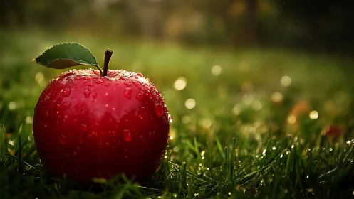 Red apple with water droplets rests on wet green grass