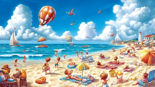 Vibrant stylized seaside panorama with children, boats, balloons