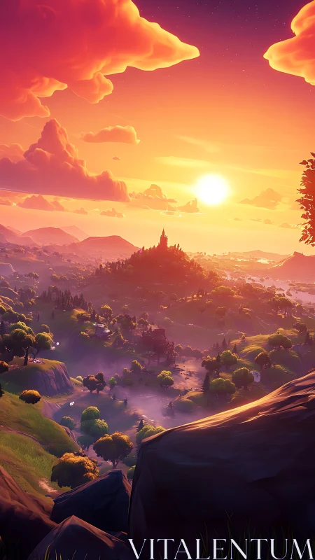 Glowing fantasy valley welcomes sunset over distant castle