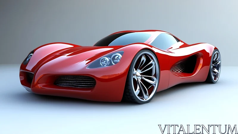 Sculpted red supercar concept with mirrored chrome rims.