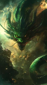 Bioluminescent emerald dragon amid volcanic cosmic storm