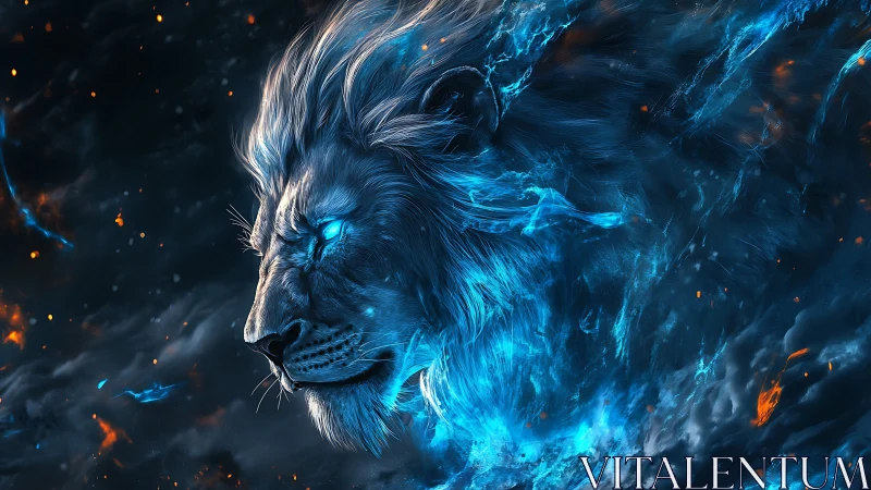 Mythic blue lion blazes through swirling cosmic storm.