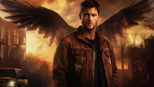 Brooding winged man in leather jacket on burning street.