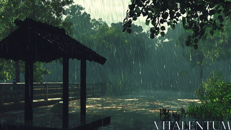 Timbered lakeside shelter in heavy monsoon rainstorm at dusk