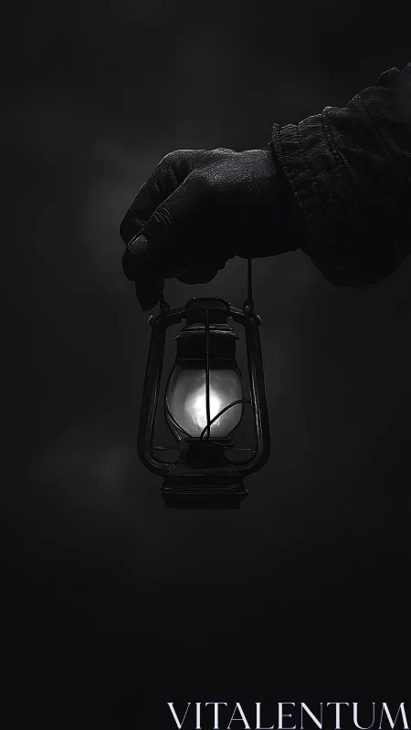 Guiding hand holds a lone lantern in the quiet dark.