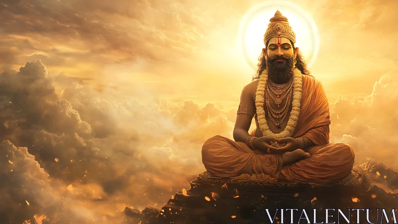Meditating robed figure sits above dense golden clouds