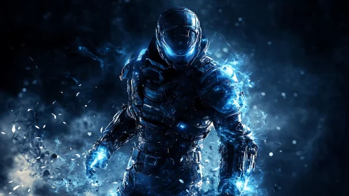 Plasma-charged exosuit soldier in luminous blue energy field