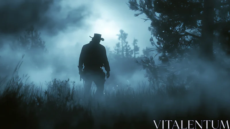 Silhouetted gunslinger in moonlit foggy conifer forest clearing