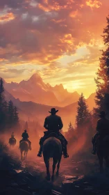 Riders traverse misty forest trail under high-dynamic sunset sky