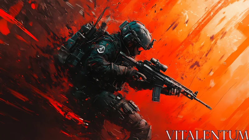 Dynamic futuristic soldier charges forward through blazing fire