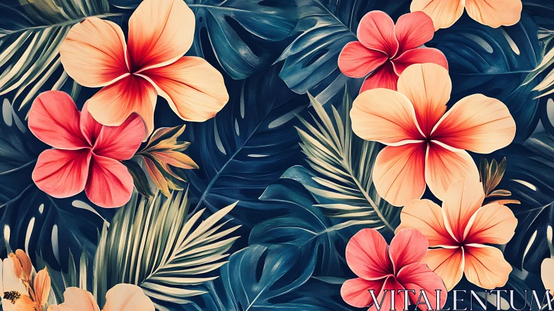 Tropical Floral Composition with Red and Coral Blossoms.