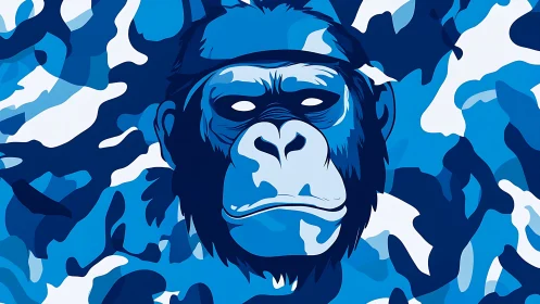 Blue vector gorilla portrait within abstract camouflage background.