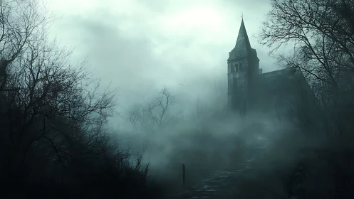 Fog-drowned chapel leans through winter branches toward dusk