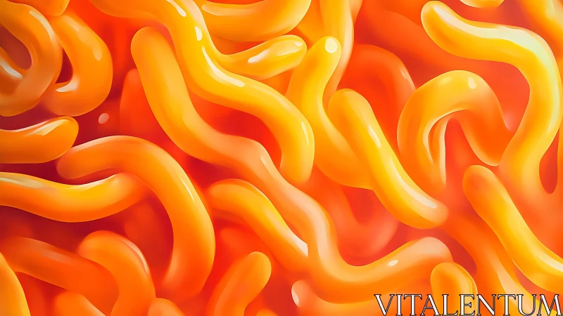 Glowing orange tubular forms curve across saturated red field