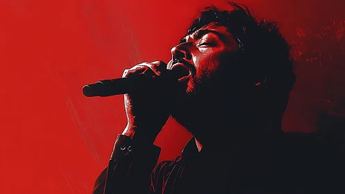 Vocalist silhouette in dramatic red high contrast lighting.