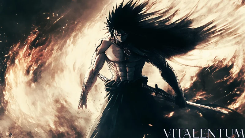 Bare-chested anime swordsman with flaming vortex background