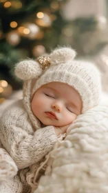 Newborn in ivory knitwear resting by festive bokeh lights.