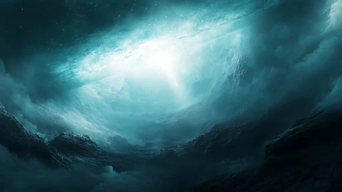 Celestial vortex opens above dark alien mountainscape.