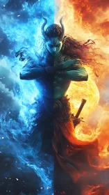 Horned humanoid stands between symmetrical fire and ice energy