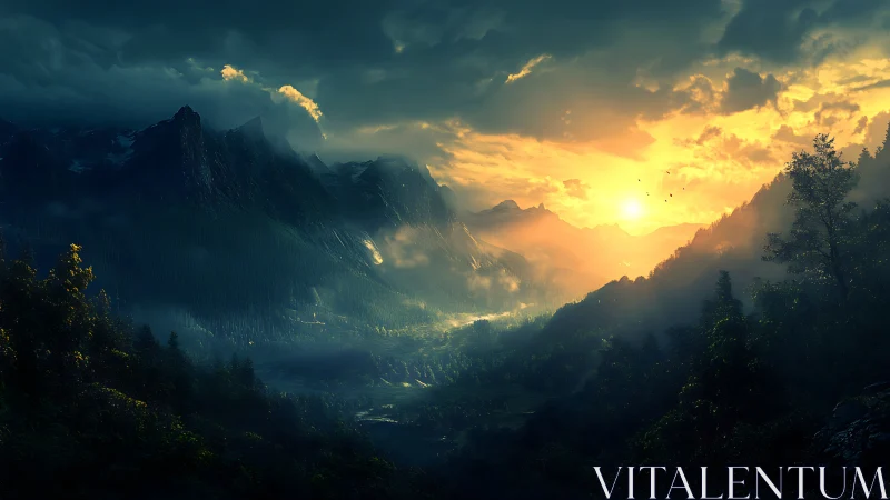 Sunrise breaking through misty alpine valley and dark peaks.