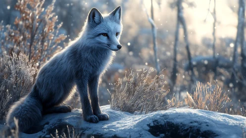 Silver fox watches softly falling snow in winter dawn light