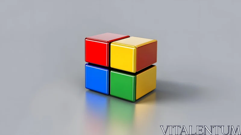 Glossy primary color cubes stacked on reflective floor