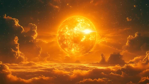 Fiery sun sphere hanging low above glowing cloud sea.