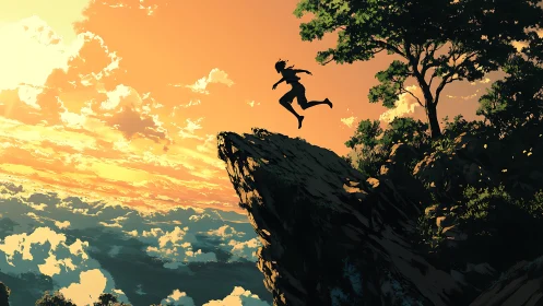 Silhouette leaps from cliff edge into blazing sunset sky